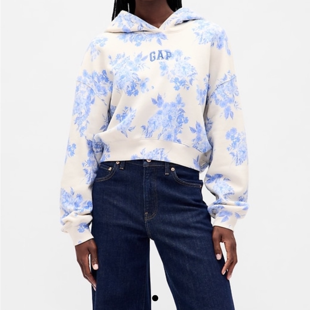 GAP Women's Floral Hoodie in Cream and Blue